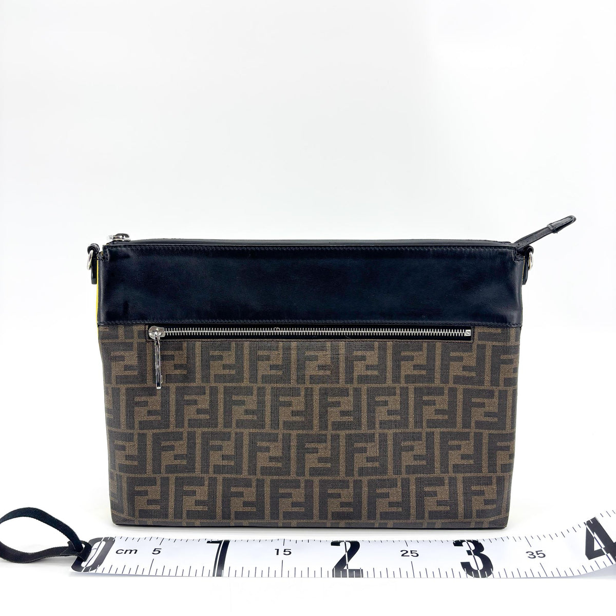 Fendi FF Zucca Canvas Leather Flat Messenger Bag Black Brown