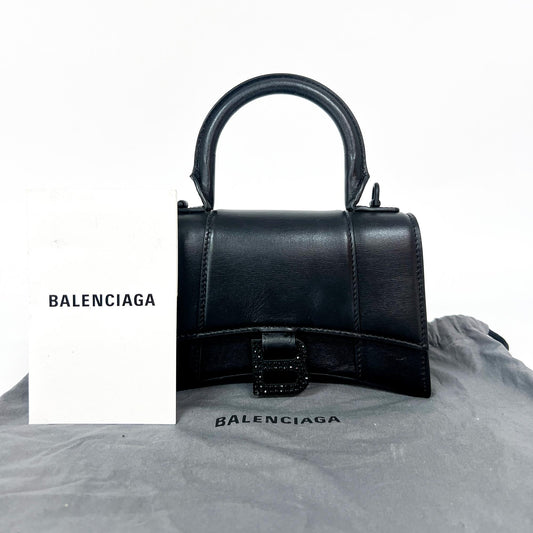 Sac Balenciaga XS Hourglass à poignée supérieure et logo en cristal noir