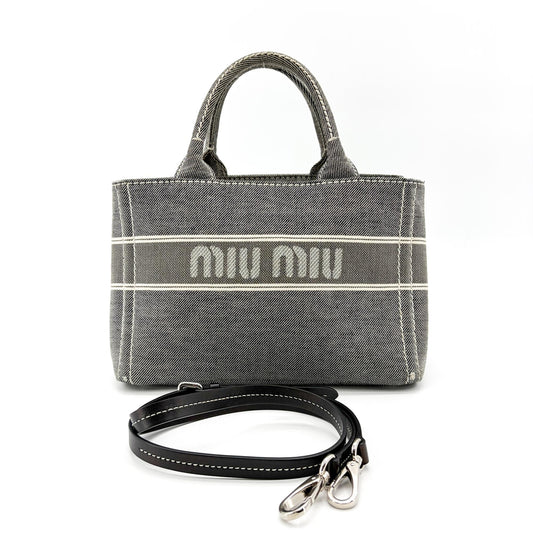 Miu Miu Logo Print Denim Tote Bag Black
