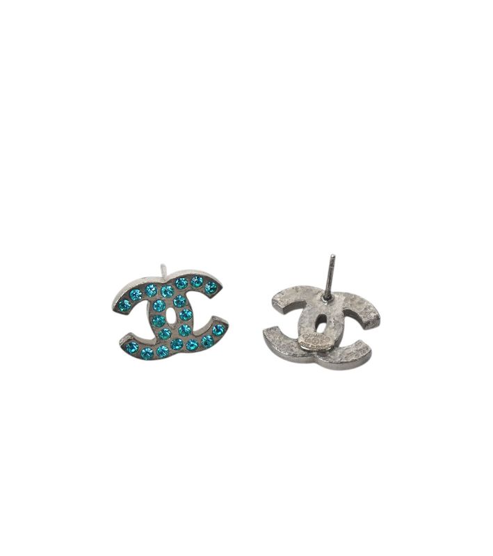 Chanel Blue Cubic CC Silver Earrings
