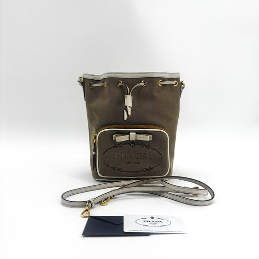 Prada Logo Jacquard Ribbon Canvas Bucket Bag Brown White