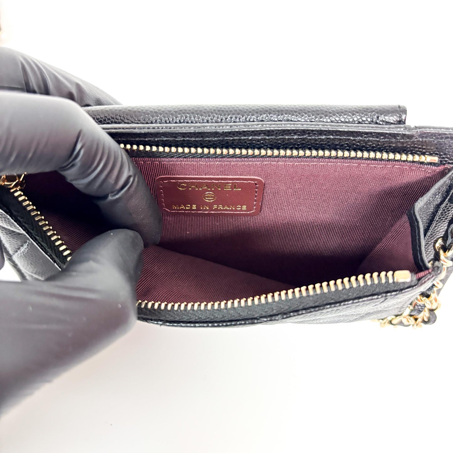Chanel Classic Caviar Phone Holder with Chain Black Gold Hardware