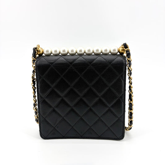 Chanel Lambskin Pearl Top Handle Mini Flap Bag Black Gold Hardware