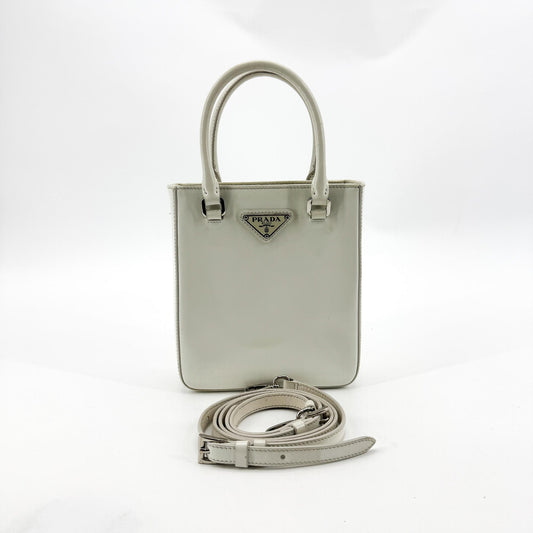 Prada Brushed Leather Mini Tote Bag White