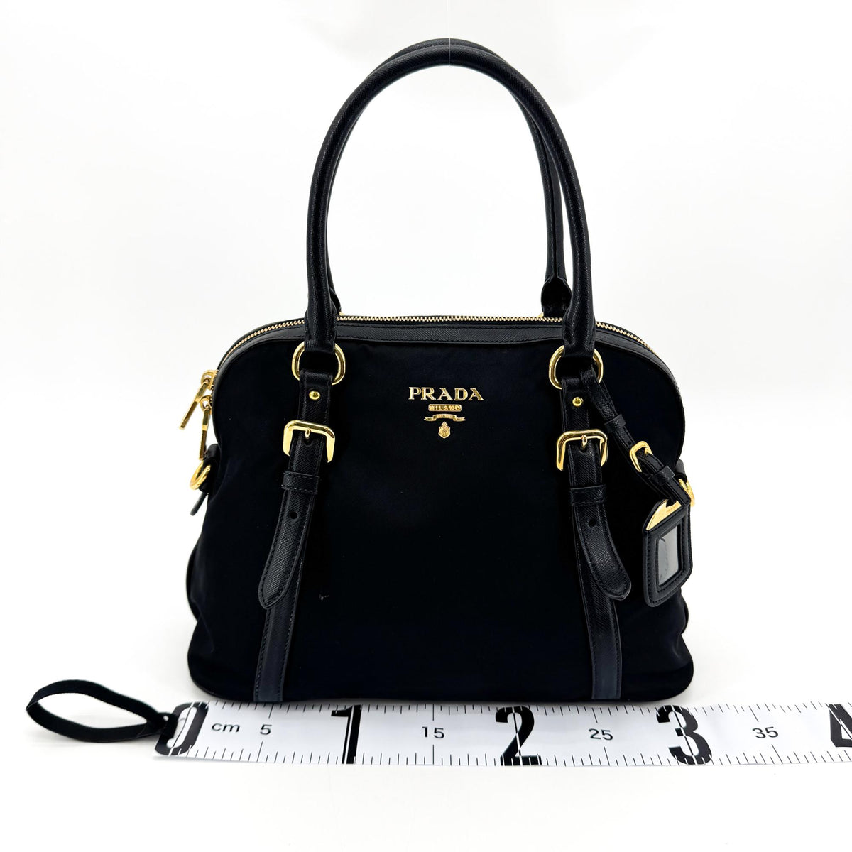Prada Tessuto Saffiano Dome Tote Bag Black with Gold Hardware