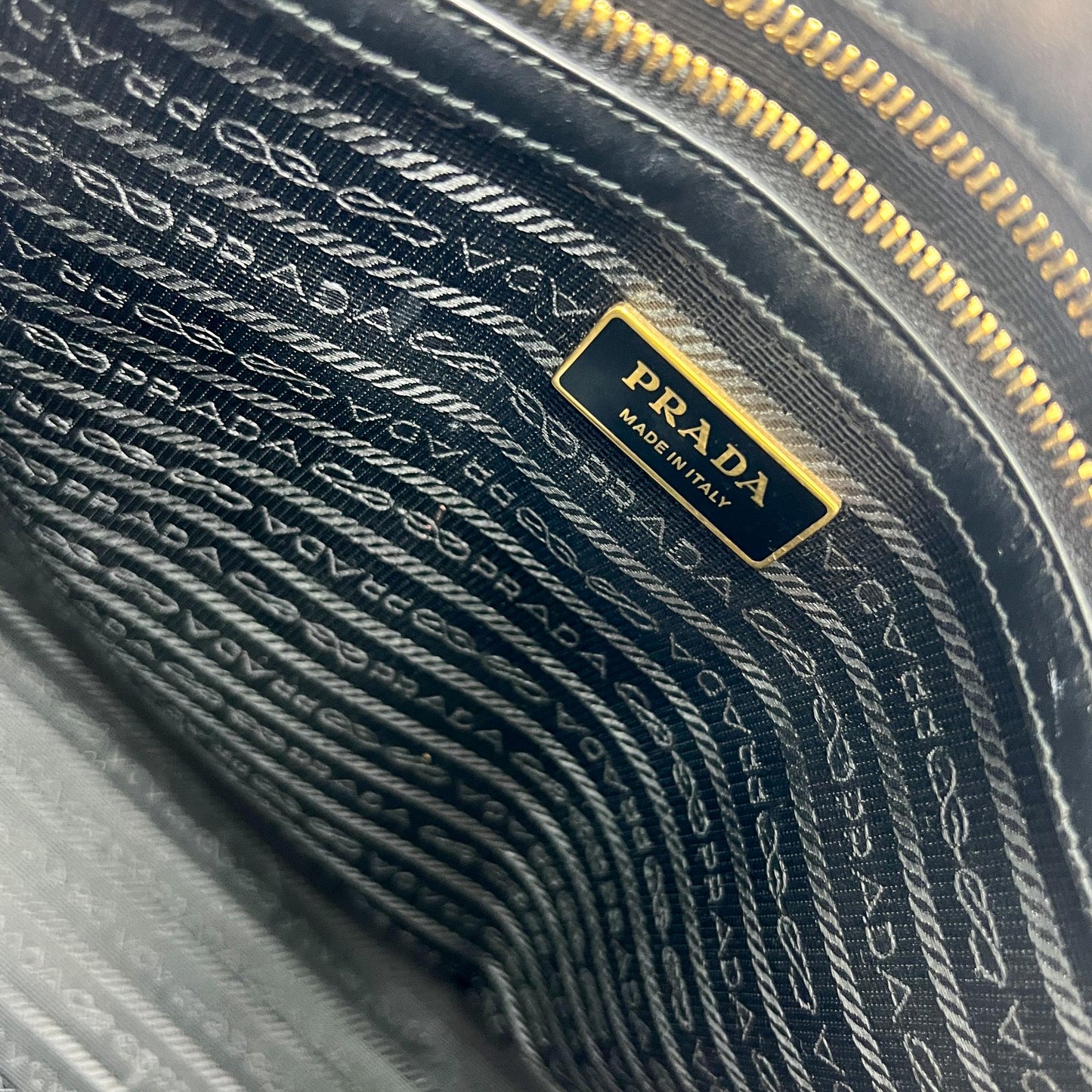 Prada Symbol Embroidered Fabric Large Tote Bag Black Beige