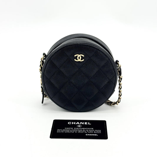 Chanel Classic Round Chain Clutch Caviar Gold Hardware Black