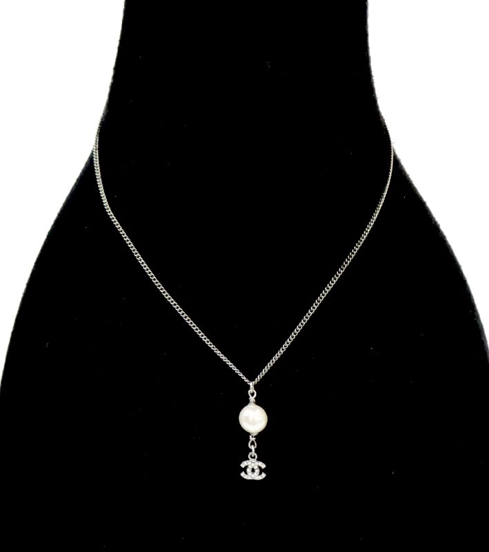 Chanel Pearl Drop CC Silver Necklace