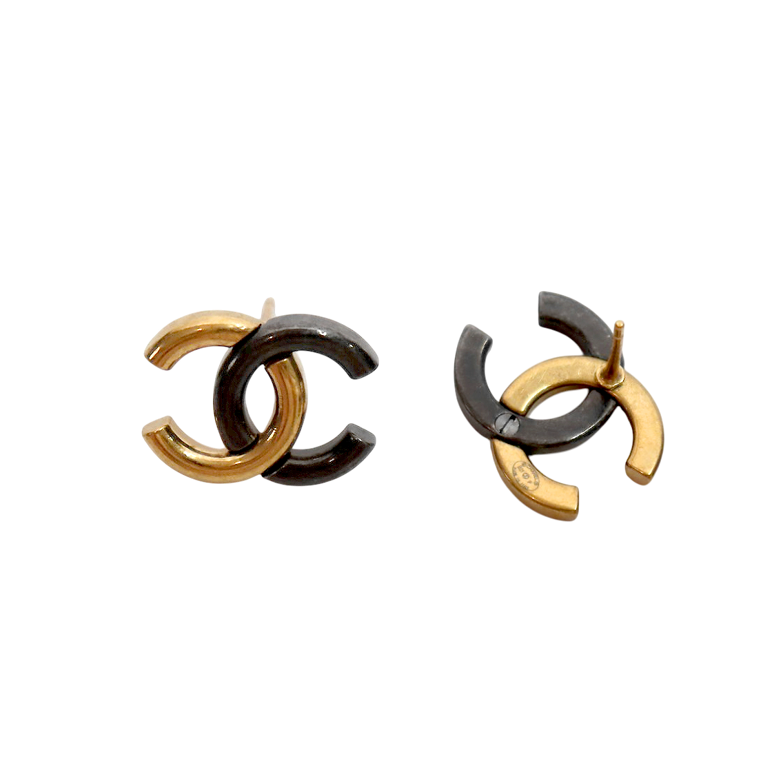 Chanel CC Logo Gold and Black Two-Tone Earrings