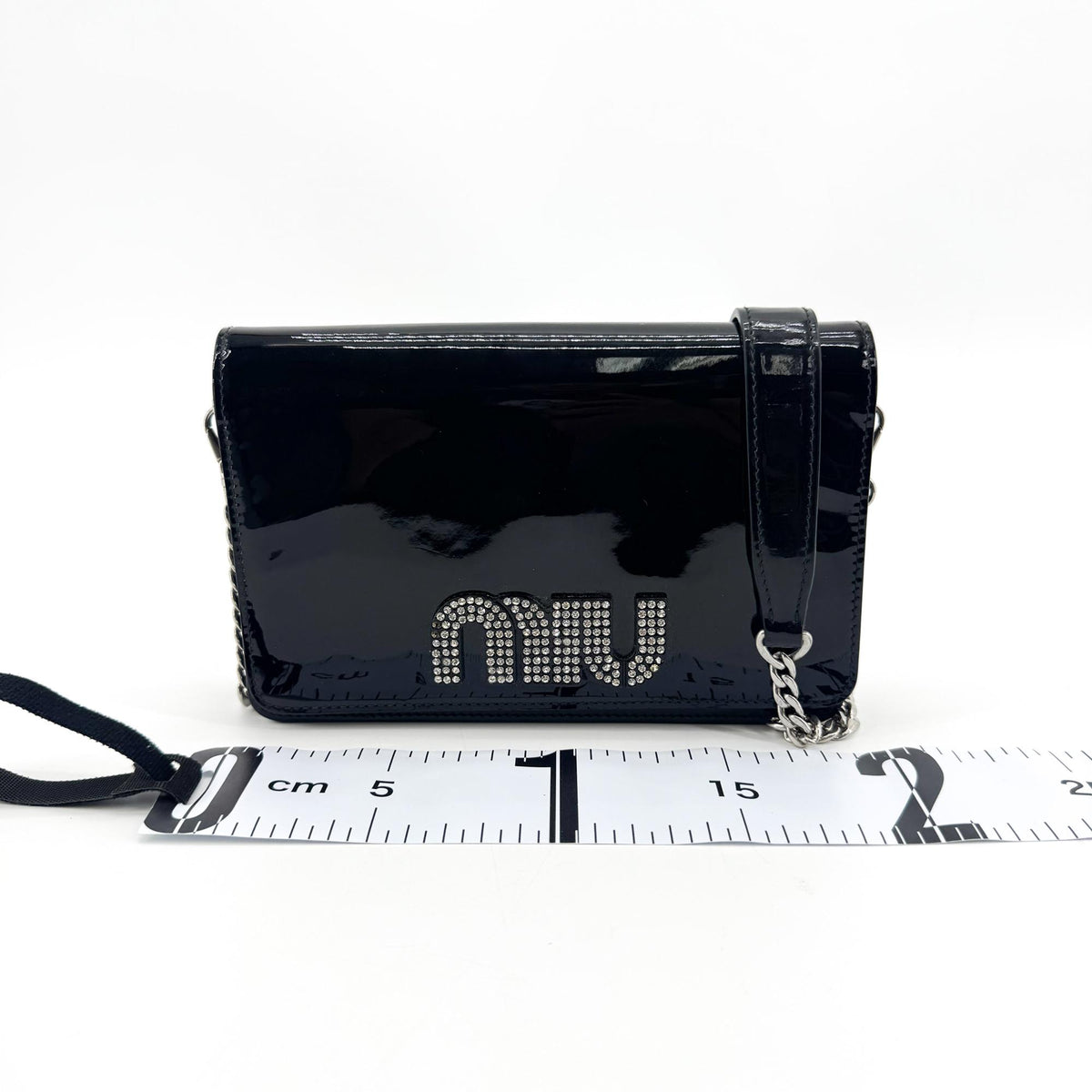 Miu Miu Patent Crystal Logo Chain Crossbody Bag Black