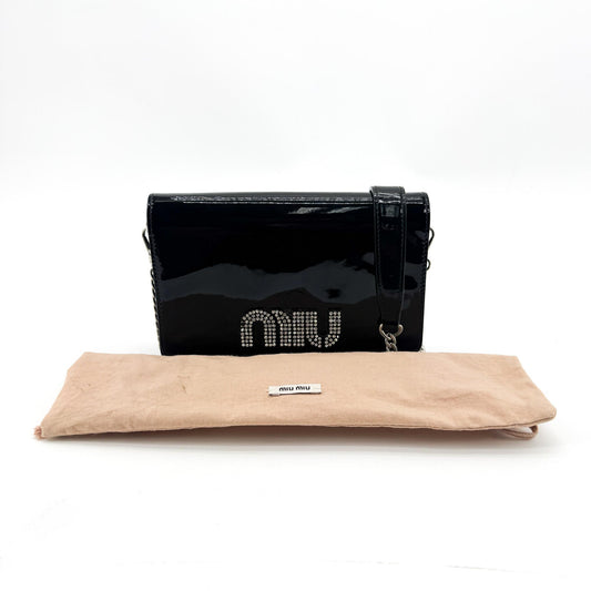 Miu Miu Patent Crystal Logo Chain Crossbody Bag Black