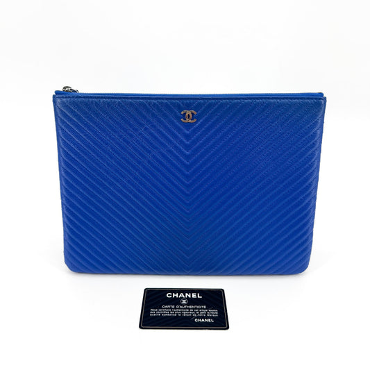 Chanel Chevron Caviar Clutch Blue Silver Hardware