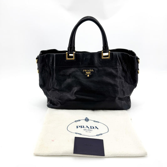 Prada Vitello Daino Tote Bag Black with Gold Hardware