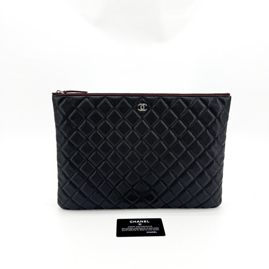 Chanel Classic Caviar O-Case Large Clutch Silver Hardware Black