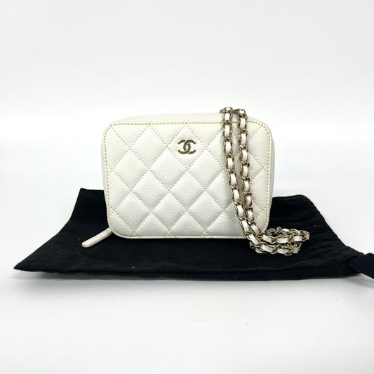 Chanel Caviar Quilted Mini Camera Case White Champagne Gold