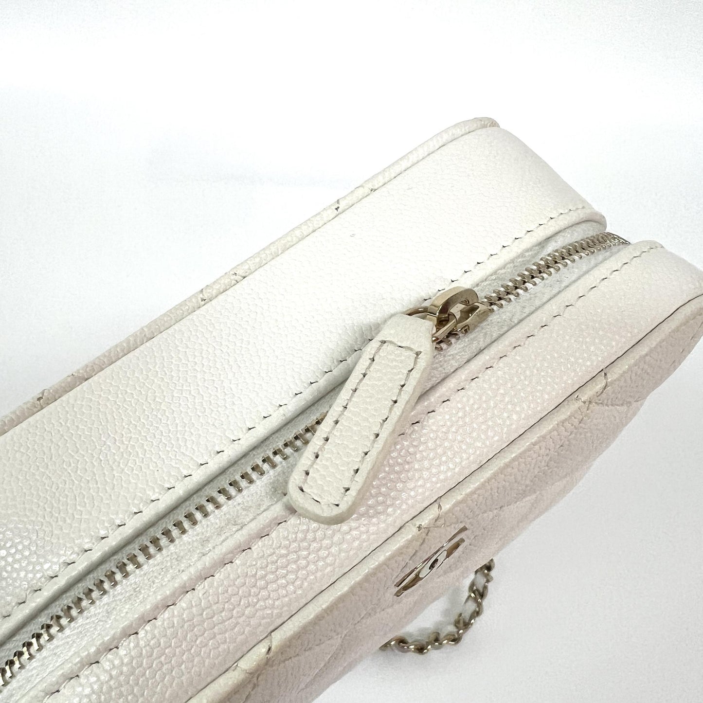 Chanel Caviar Quilted Mini Camera Case White Champagne Gold