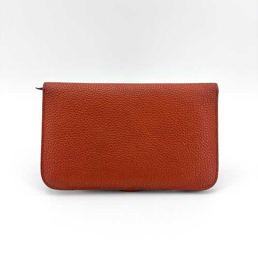 Portefeuille Hermès Dogon Duo Cuir Marron Finitions Argentées