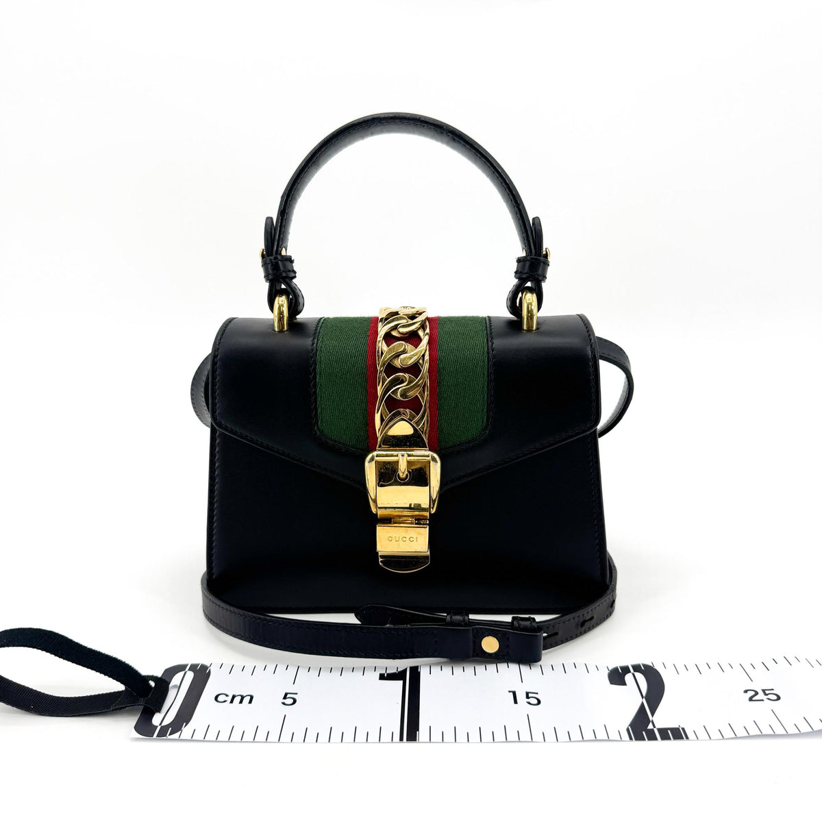 Gucci Sylvie Mini Top Handle Crossbody Bag Black Gold Hardware