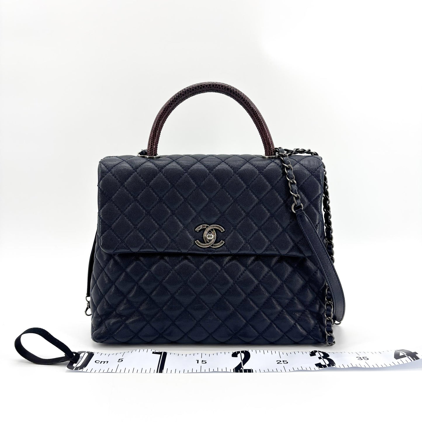 Chanel Coco Handle Moyen Marine Caviar Poignée Lézard Métal Argenté
