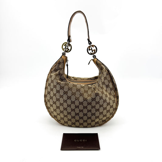 Gucci GG Canvas Charlotte Crossbody Hobo Bag Beige Brown