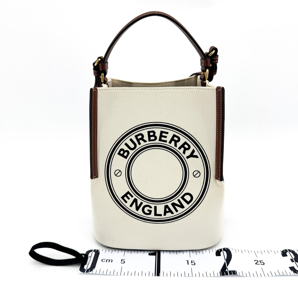 Burberry Small Logo Graphic Canvas Peggy Bucket Bag Natural Tan