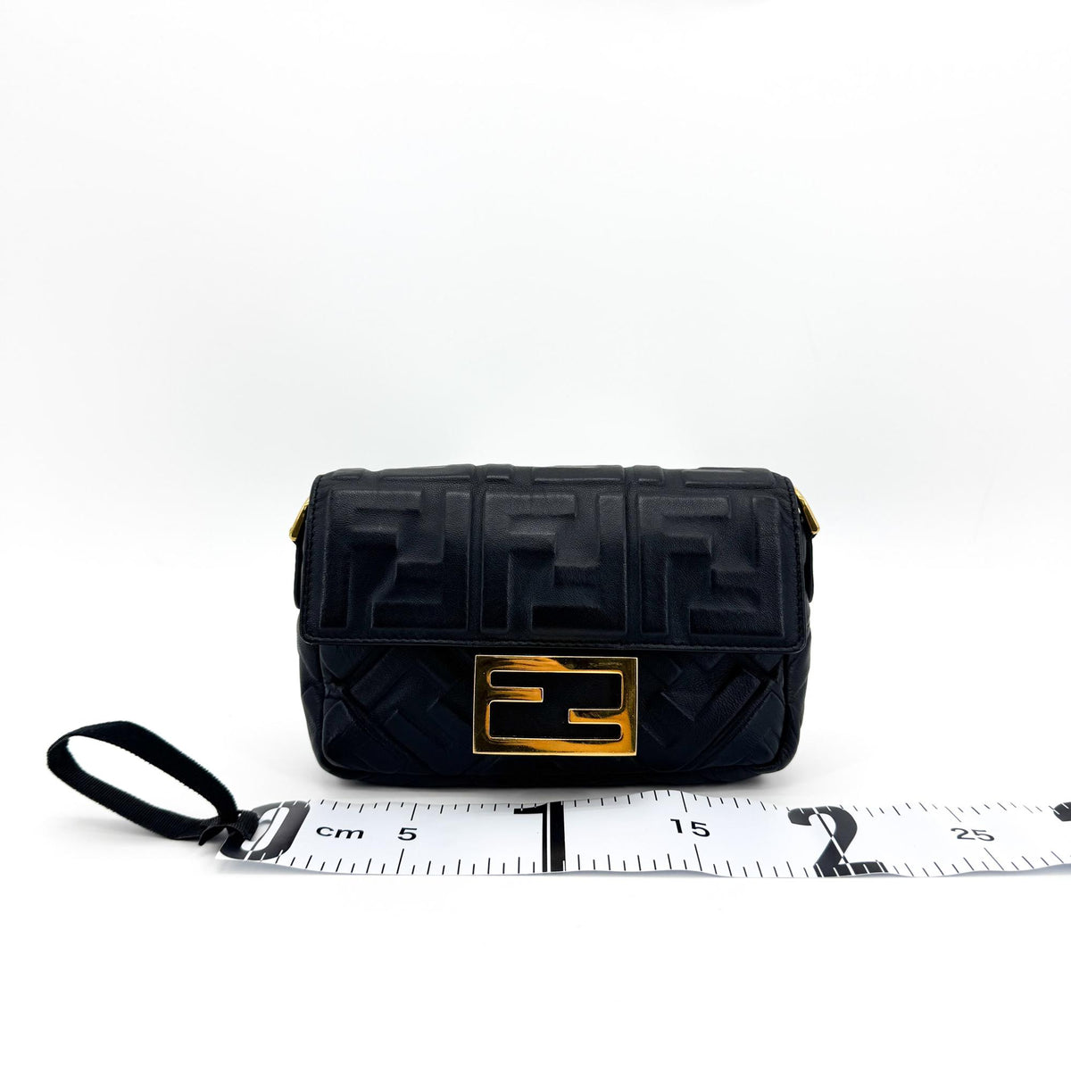 Fendi FF Embossed Baguette Mini Bag Black Gold Hardware