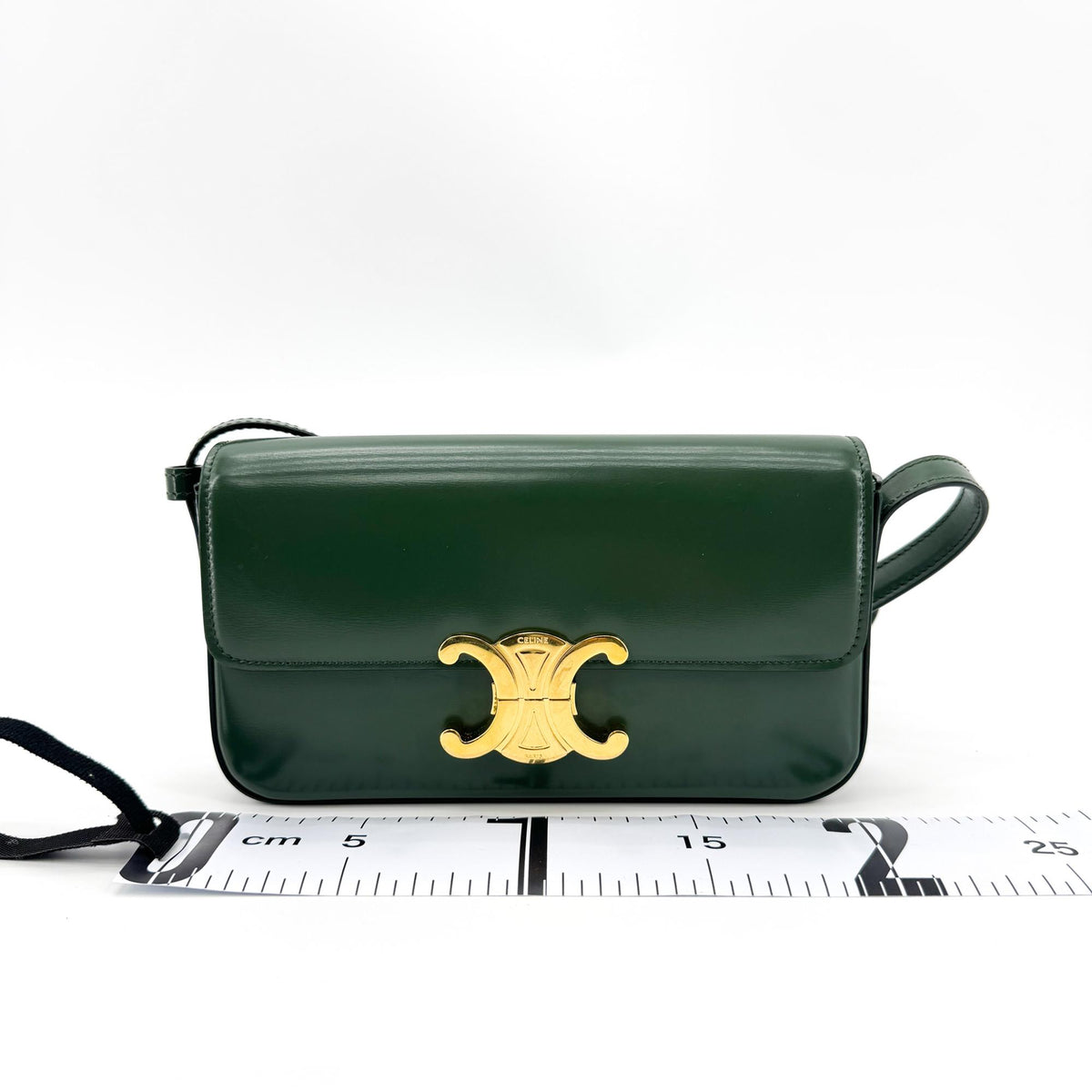 Celine Shiny Calfskin Triomphe Shoulder Bag Green Gold Hardware