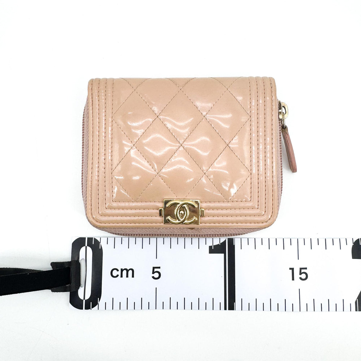 Chanel Boy Chanel Patent Zipper Wallet Beige Gold Hardware