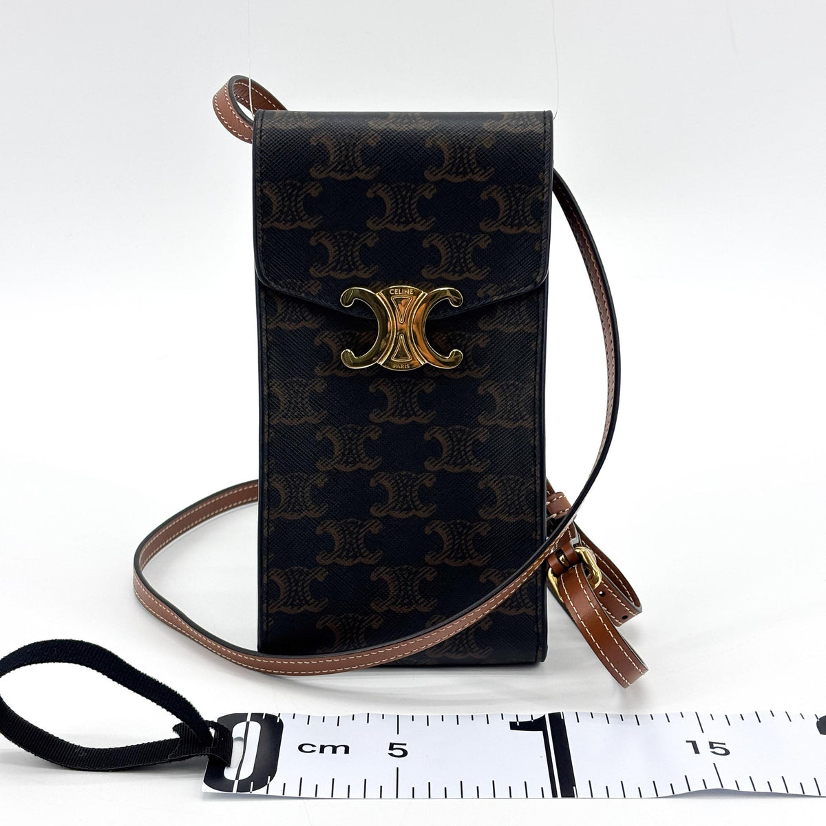 Celine Triomphe Canvas Calfskin Phone Pouch Tan