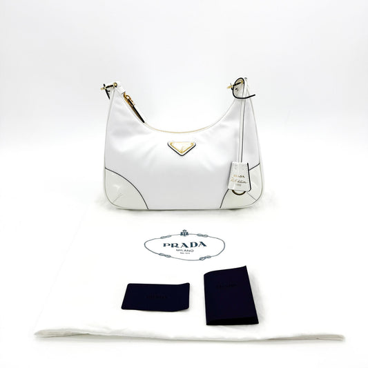 Prada Re-Edition 2002 Nylon Brushed Leather Crossbody Bag White Gold Hardware