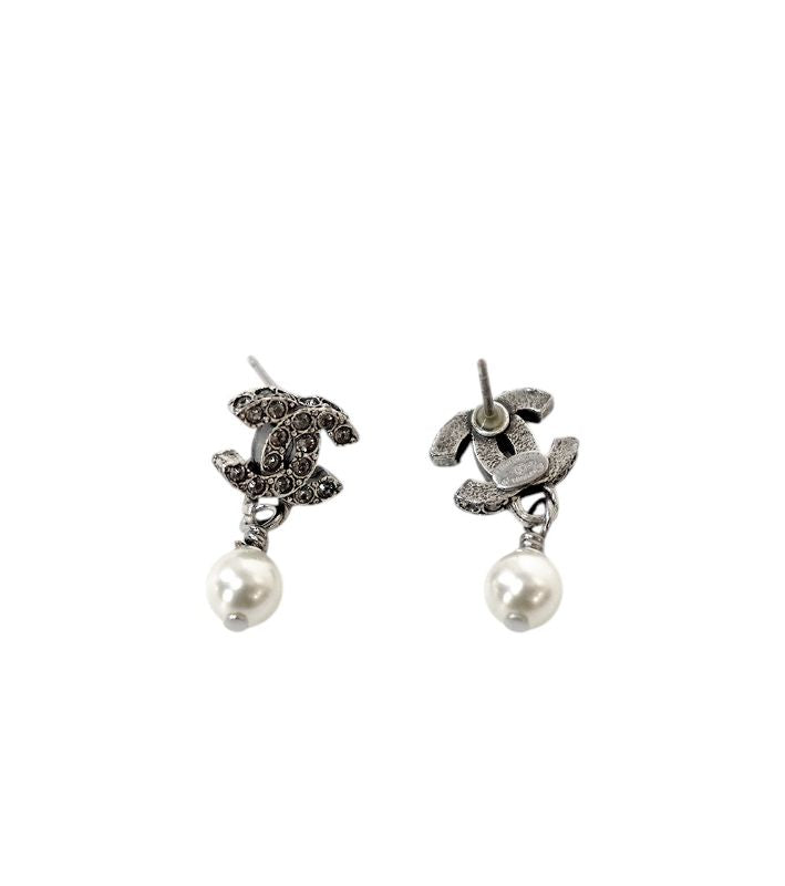 Chanel Pearl Drop Cubic CC Silver Earrings