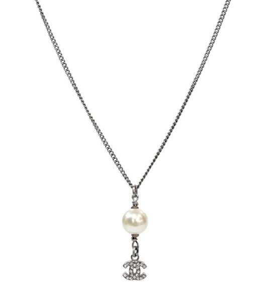 Chanel Pearl Drop CC Silver Necklace