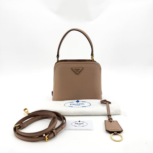 Prada Saffiano Leather Mini Top Handle Bag Beige
