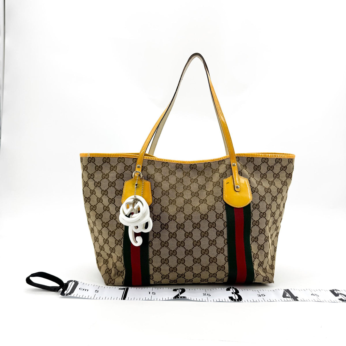 Gucci GG Canvas Web Jolie Patent Tote Bag Beige Yellow