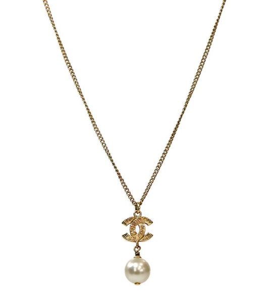 Chanel Pearl Drop CC Gold Necklace