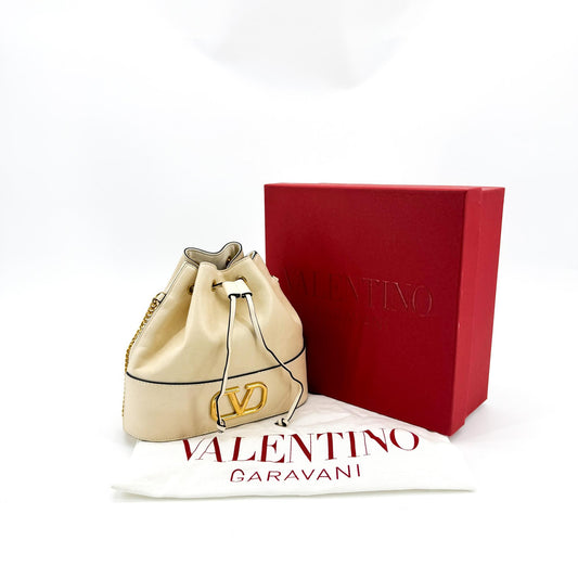 Valentino V-Logo Signature Leather Small Bucket Bag Ecru