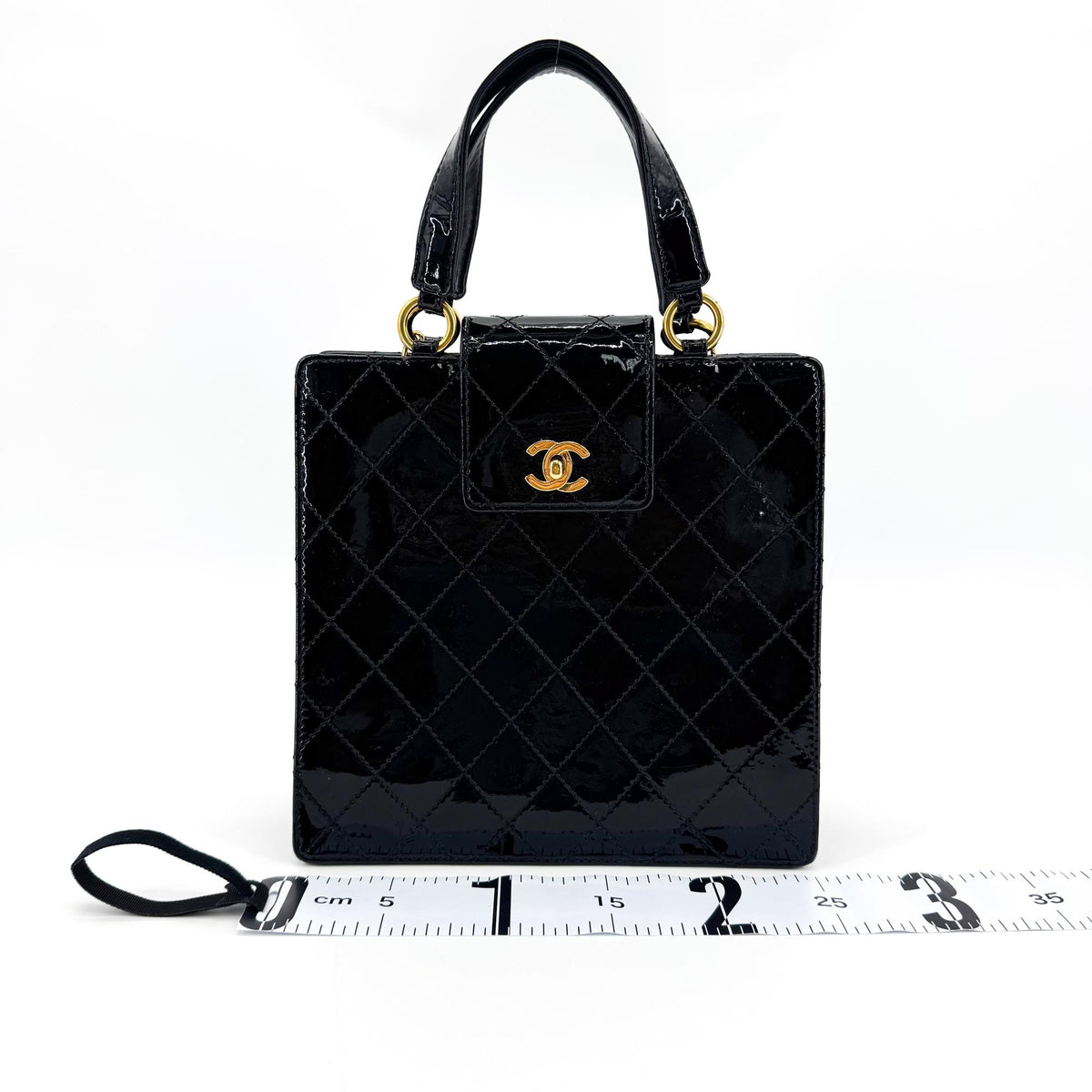 Chanel Vintage Patent Quilted Square Top Handle Bag Gold Hardware Black