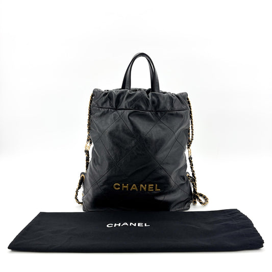 Chanel 22 Backpack Shiny Calfskin Gold Hardware Black