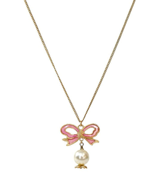 Chanel Pink Ribbon Pearl CC Gold Necklace