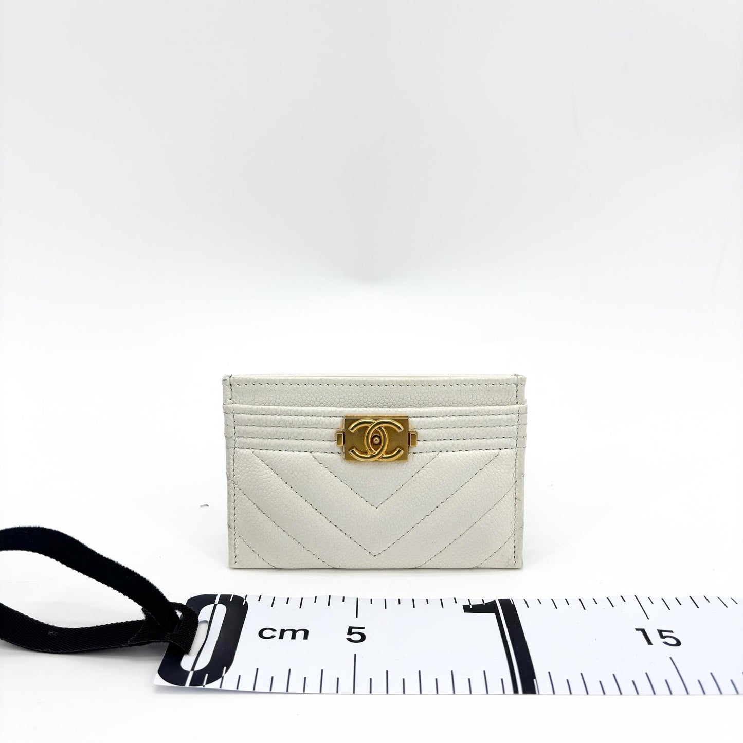 Chanel Boy Chevron Card Holder White Caviar Gold Hardware