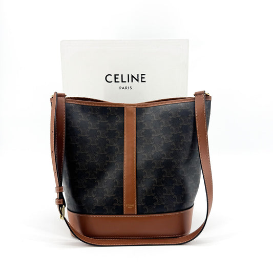 Celine Triomphe Canvas Medium Bucket Bag Tan