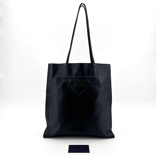 Prada Triangle Logo Leather Tote Bag Black