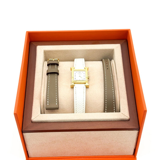 Hermès H-Hour Yellow Gold White Leather Strap Watch