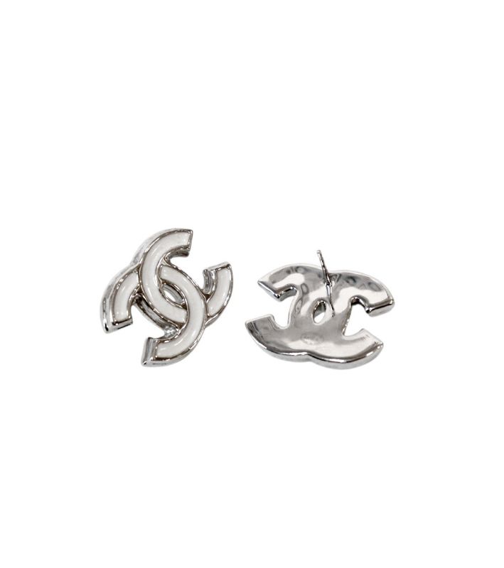 Chanel White CC Silver Earrings