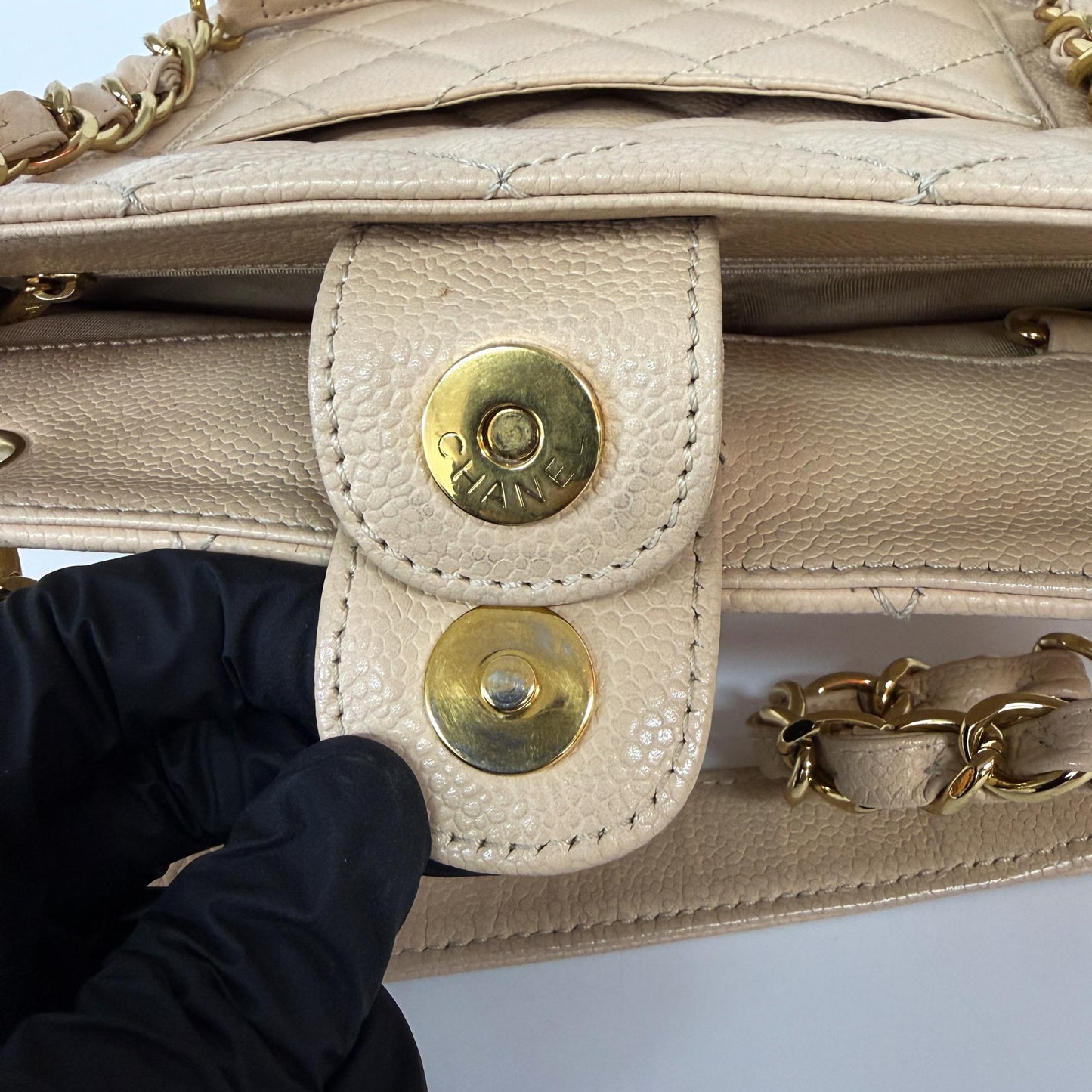 Chanel Petite Shopping Tote Bag Beige Caviar Gold Hardware