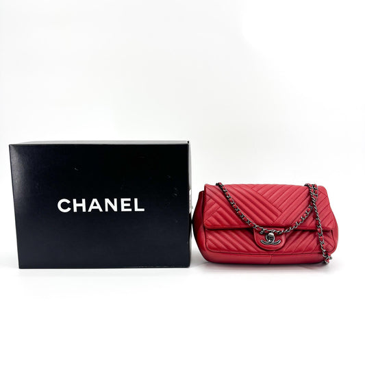 Chanel Chevron Coco Mark Flap Shoulder Bag Red with Silver Hardware
