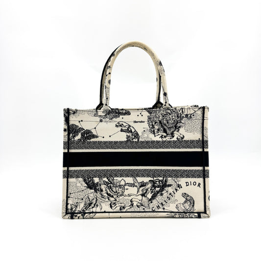 Dior Book Tote Bag Medium White Black Zodiac Embroidery