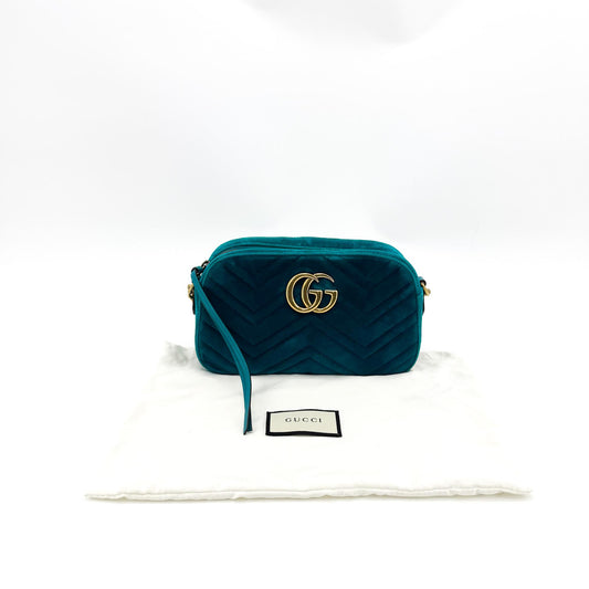 Gucci GG Marmont Mini Velvet Crossbody Bag Petrol Blue