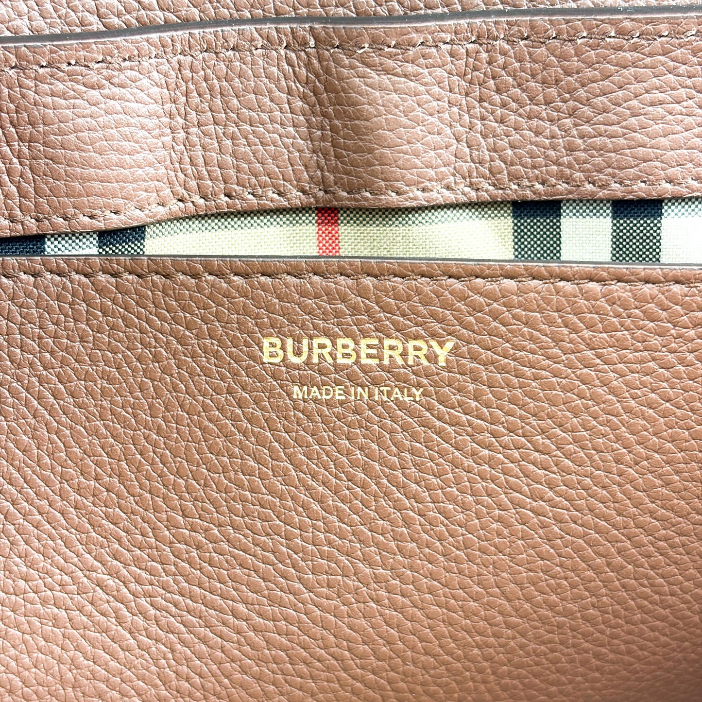 Burberry Small Grainy Leather Vintage Check Note Bag Brown