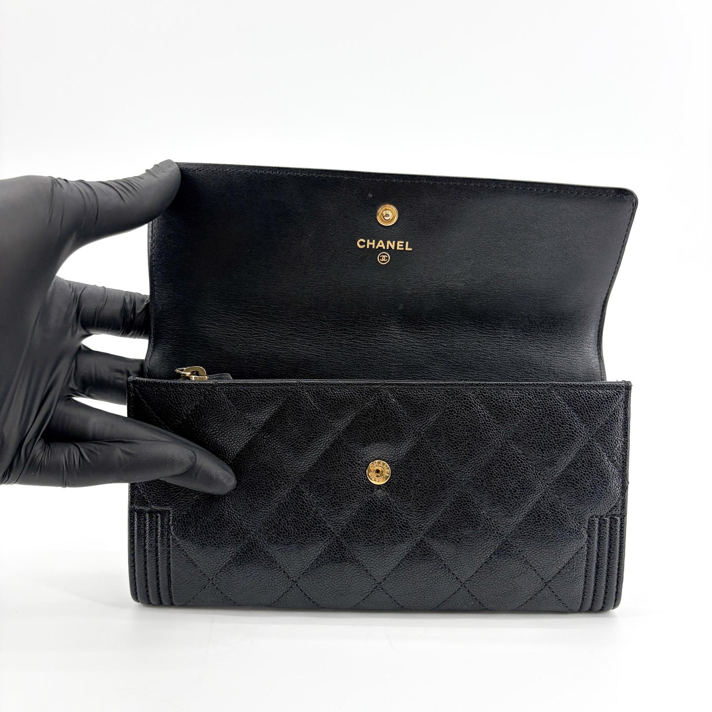 Chanel Boy Quilted Flap Long Wallet Black Gold Hardware